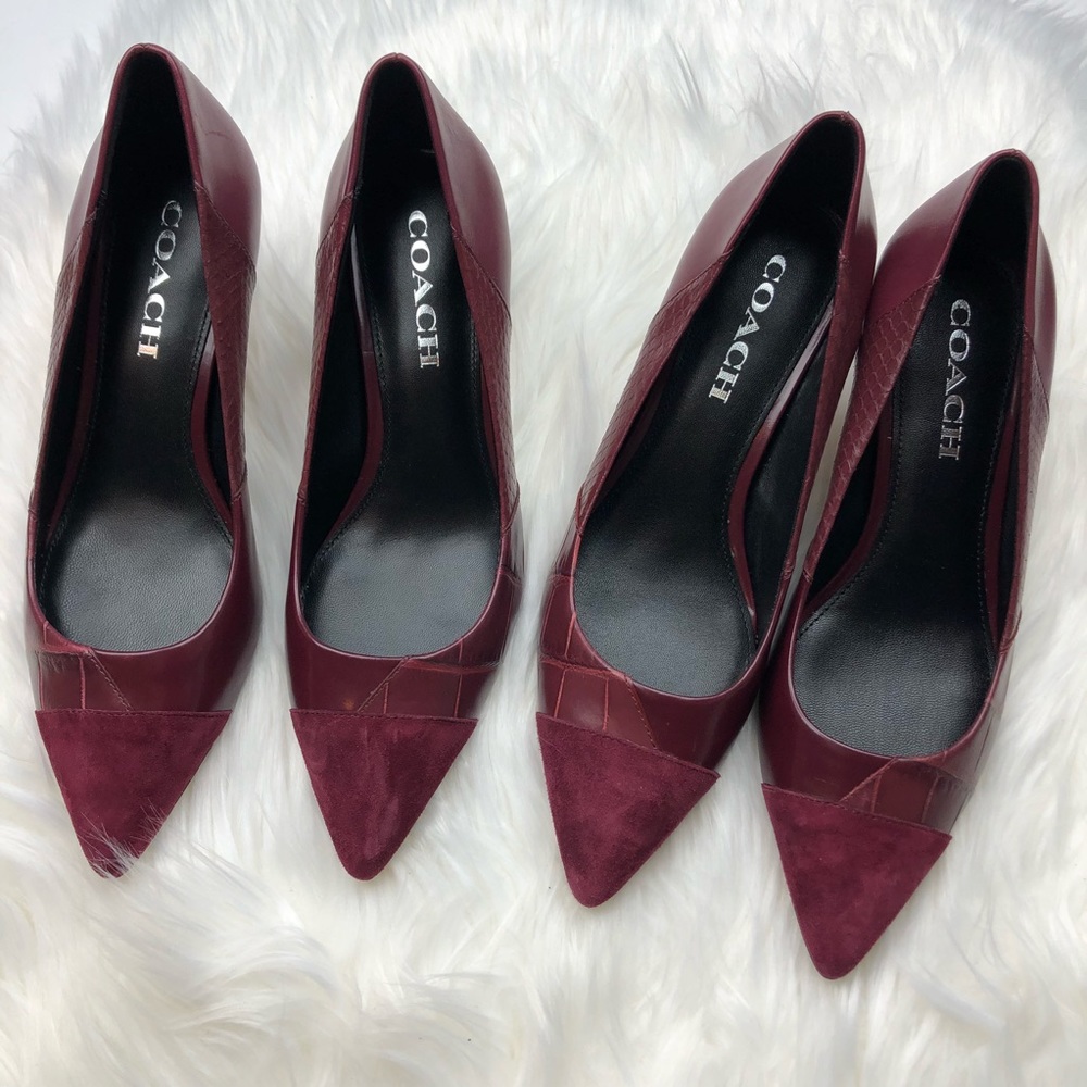 New Coach Patchwork Burgundy Suede Heels - Picture 4 of 6